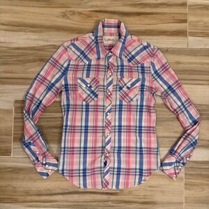 True Religion Womens Western Pearl Snap Shirt Pink Blue Plaid XS Long Sleeve
